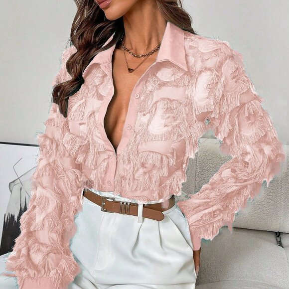 Baby Pink Casual Women's Ruffle Blouse With Fringe Detail - Picture 3 of 7